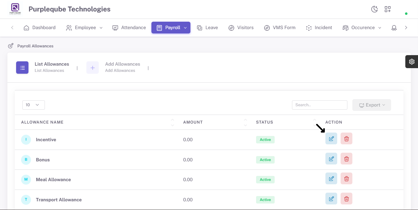 Payroll Allowances list with Edit action button highlighted in the Action column for the Incentive allowance